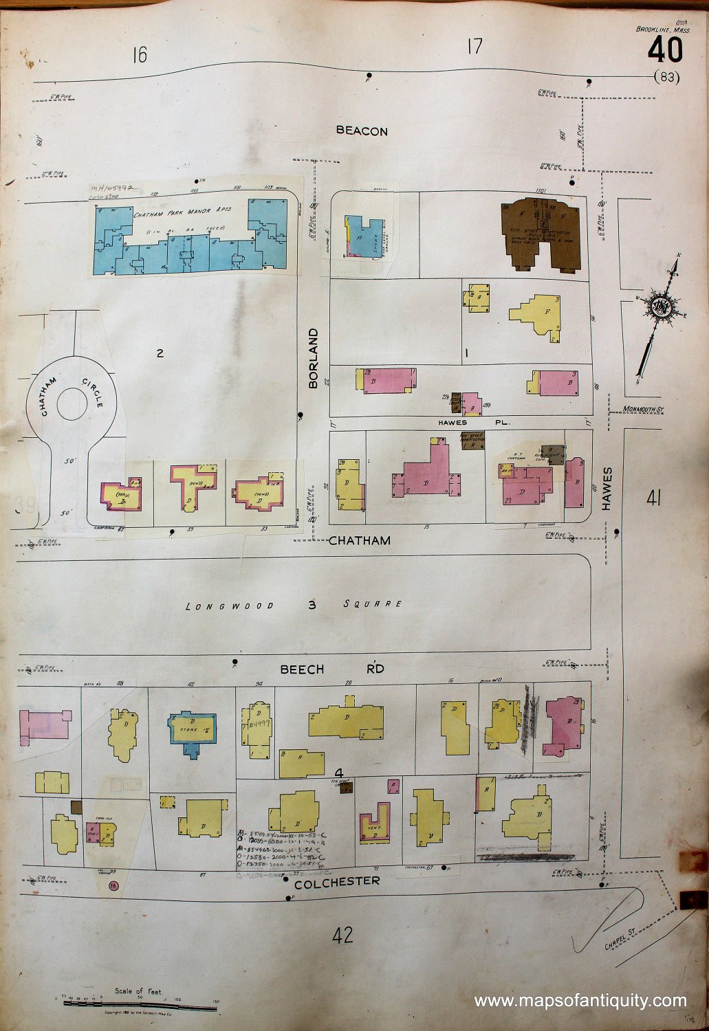 Antique-Hand-Colored-Map-Brookline-Mass.-Wards-40-and-41-United-States-Massachusetts-1925-Sanborn-Map-Co.-Maps-Of-Antiquity