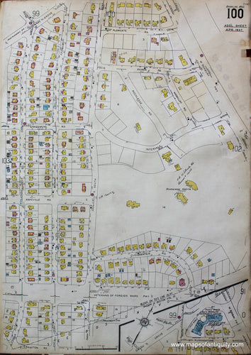 Antique-Hand-Colored-Map-Brookline-Mass.-Wards-100-and-101-United-States-Massachusetts-1925-Sanborn-Map-Co.-Maps-Of-Antiquity