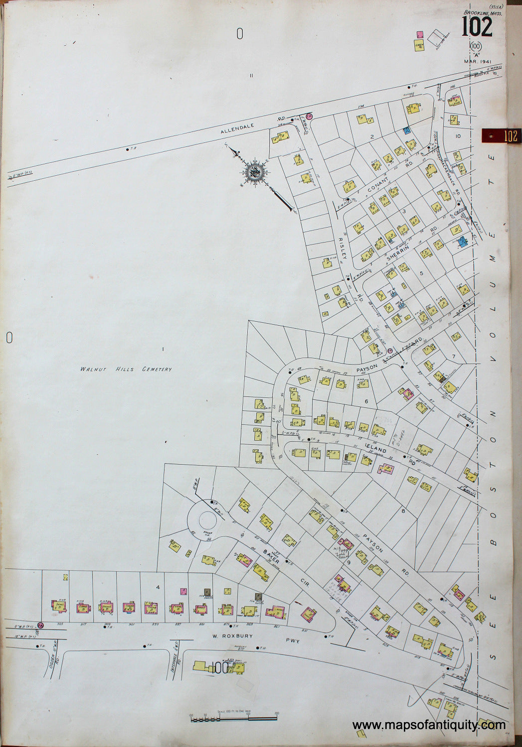 Antique-Hand-Colored-Map-Brookline-Mass.-Wards-102-and-103-United-States-Massachusetts-1925-Sanborn-Map-Co.-Maps-Of-Antiquity