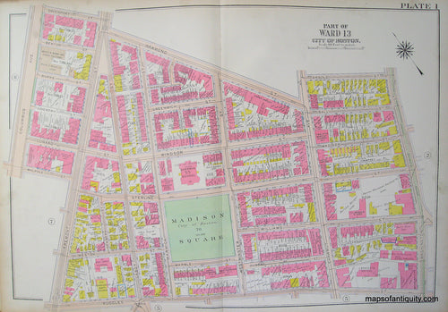 Antique-Hand-Colored-Map-City-of-Boston-Plate-1-(MA)-United-States-Massachusetts-1915-Bromley-Maps-Of-Antiquity