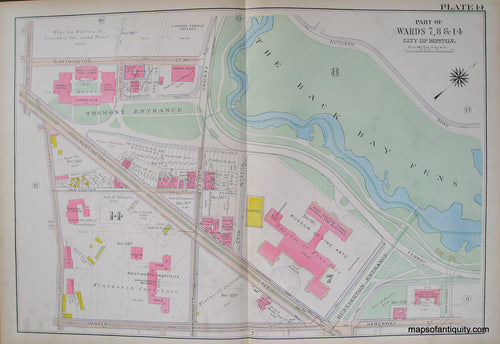 Antique-Hand-Colored-Map-City-of-Boston-Plate-14-Museum-of-Fine-Arts-(MA)-United-States-Massachusetts-1915-Bromley-Maps-Of-Antiquity