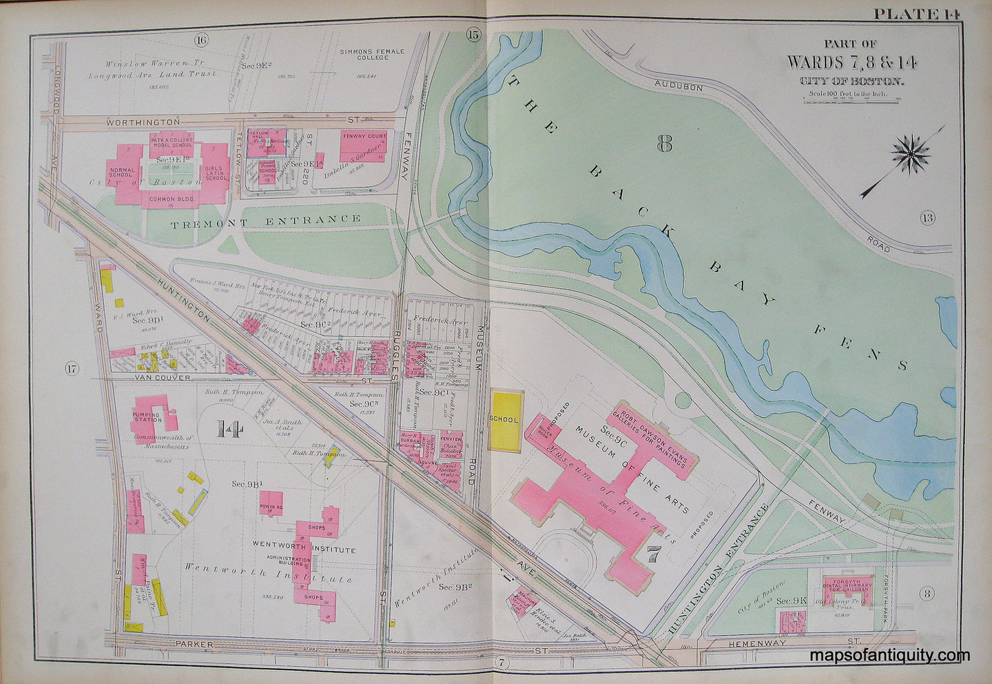 Antique-Hand-Colored-Map-City-of-Boston-Plate-14-Museum-of-Fine-Arts-(MA)-United-States-Massachusetts-1915-Bromley-Maps-Of-Antiquity