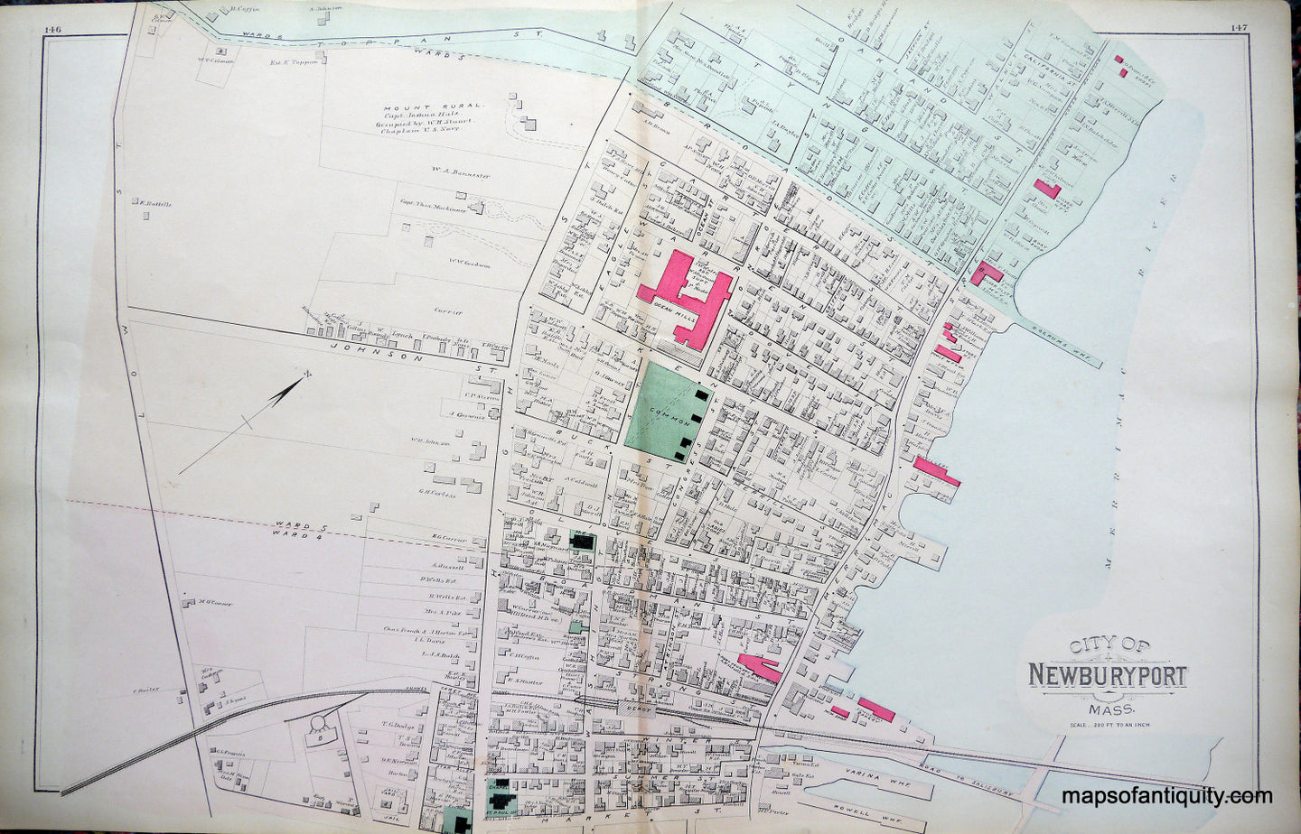 Antique-Hand-Colored-Map-City-of-Newburyport-Massachusetts-****-United-States-Massachusetts-1884-Walker-Maps-Of-Antiquity