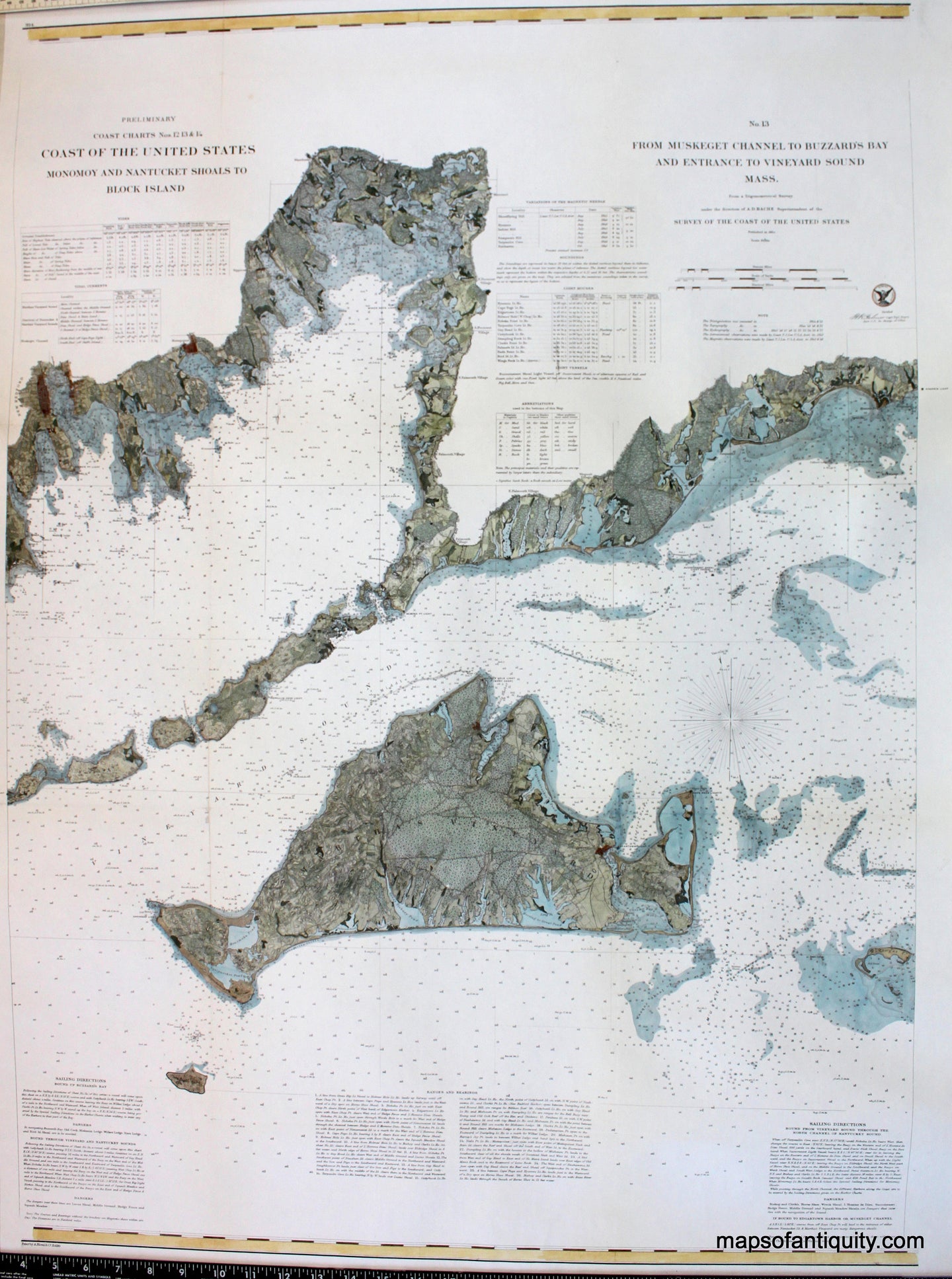 Antique-Hand-Colored-Coastal-Chart-Chart-No.-13-From-Muskeget-Channel-to-Buzzard's-Bay-and-Entrance-to-Vineyard-Sound-Mass.-**********-United-States-Cape-Cod-and-Islands-1860-US-Coast-Survey-Maps-Of-Antiquity