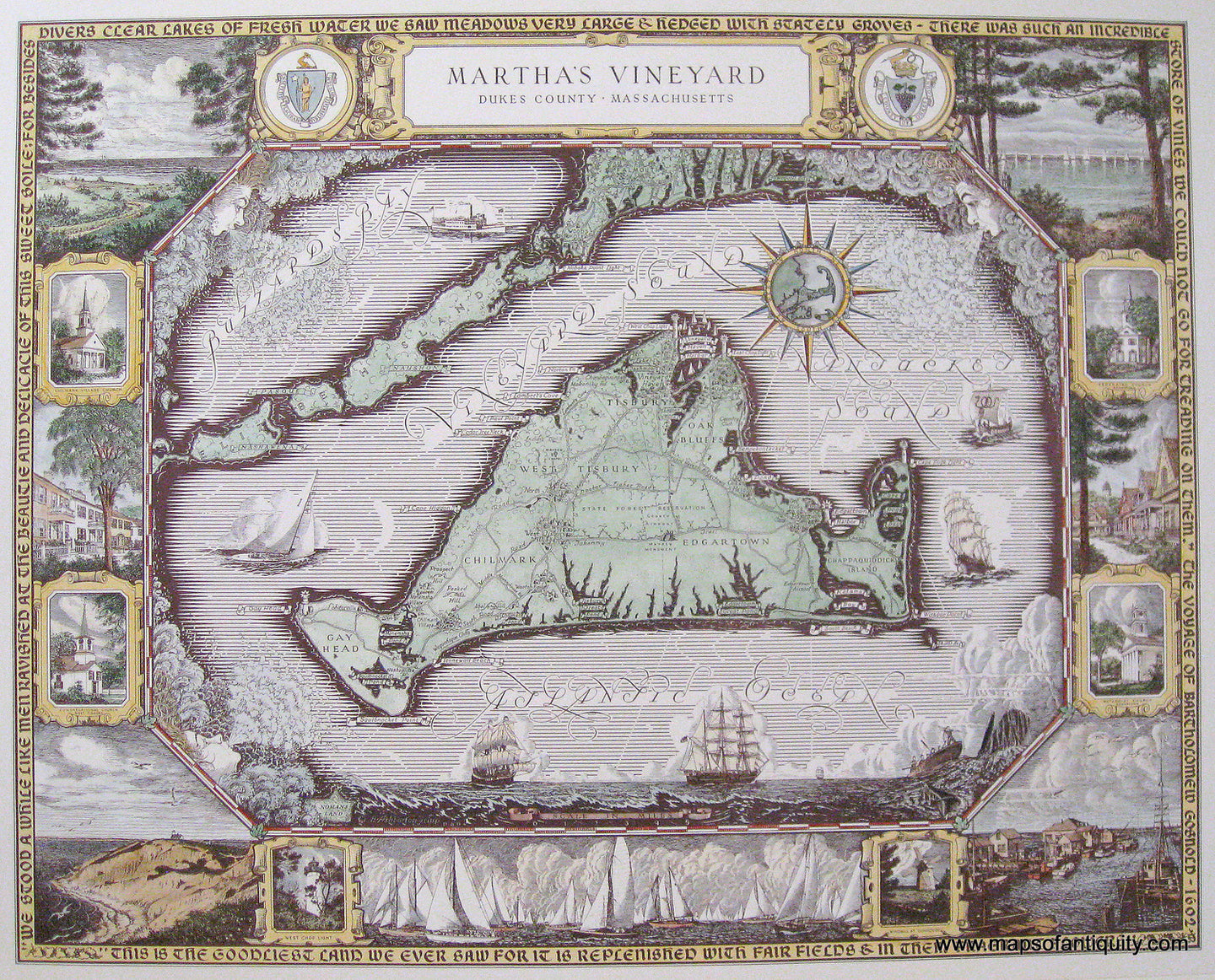 Antique-Hand-Colored-Map-Martha's-Vineyard-Duke's-County-Massachusetts-**********-Massachusetts-Cape-Cod-and-Islands-c.-1930s-Ashburton-Tripp-Maps-Of-Antiquity