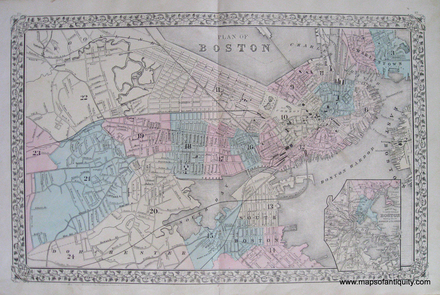 Antique-Hand-Colored-Map-Plan-of-Boston-Mass.-**********-Massachusetts-Boston-1881-Mitchell-Maps-Of-Antiquity