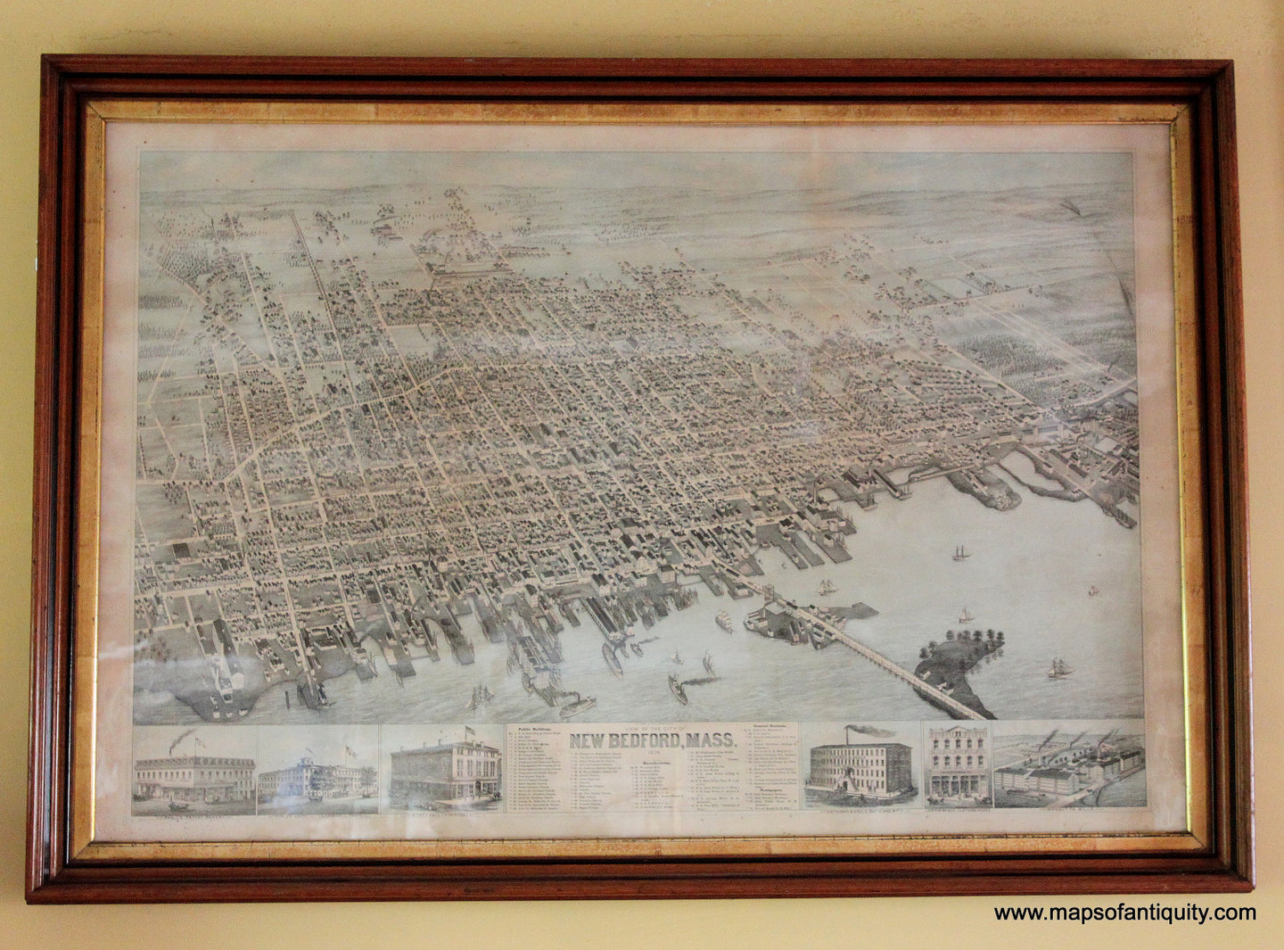 Antique-Bird's-Eye-View-Map-City-of-New-Bedford-Mass---Framed-United-States-Massachusetts-1876-Vogt-Maps-Of-Antiquity
