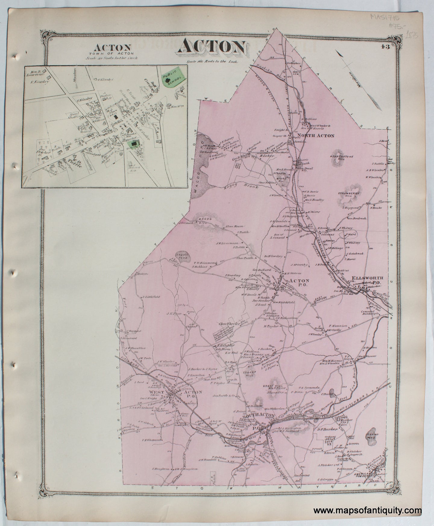 Antique-Hand-Colored-Map-Acton-verso-West-Acton-and-South-Acton-(MA)-Massachusetts--1875-Beers-Maps-Of-Antiquity