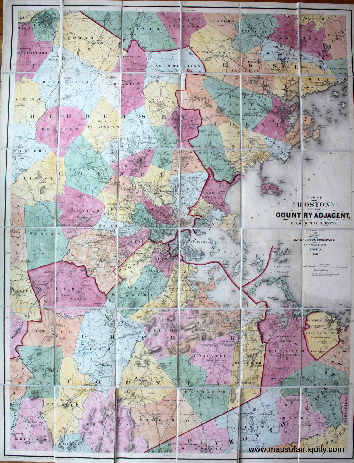 Antique-Hand-Colored-Folding-Map-Map-of-Boston-and-the-Country-Adjacent-from-actual-survey-Massachusetts--1867-Walling-Maps-Of-Antiquity