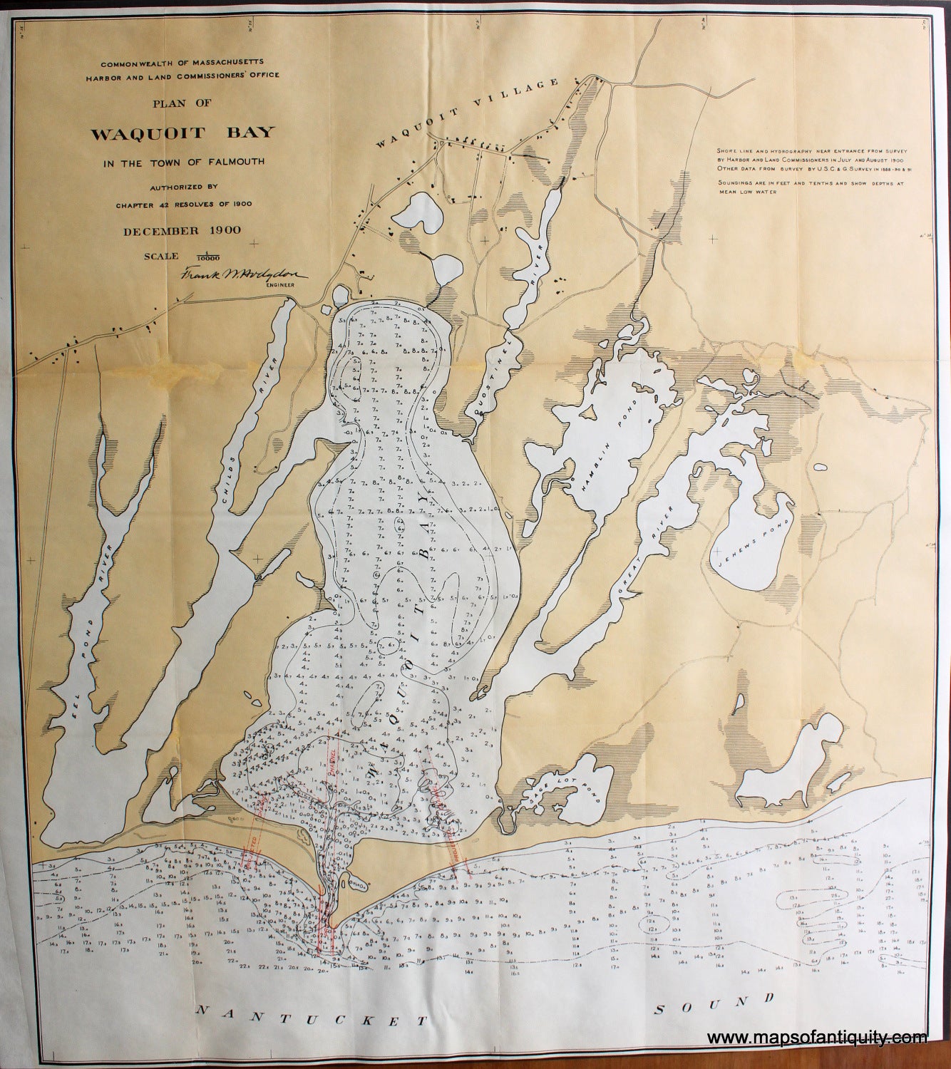 Antique-Printed-Color-Map-Plan-of-Waquoit-Bay-in-the-Town-of-Falmouth-Cape-Cod-&-Islands--1900-Walker-Maps-Of-Antiquity