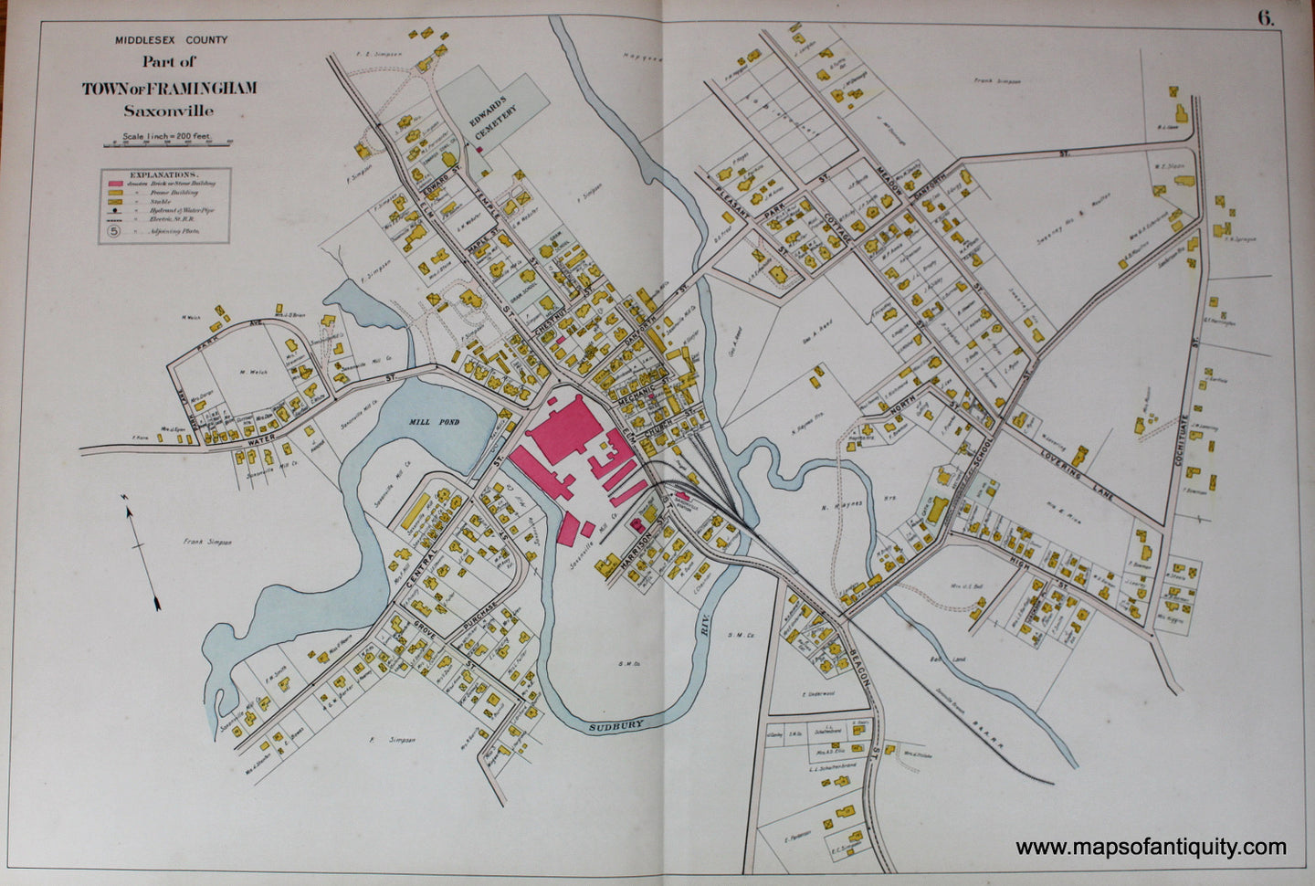 Antique-Hand-Colored-Map-Part-of-Town-of-Framingham-Saxonville-(MA)-US-Massachusetts-Framingham-1908-Walker-Maps-Of-Antiquity