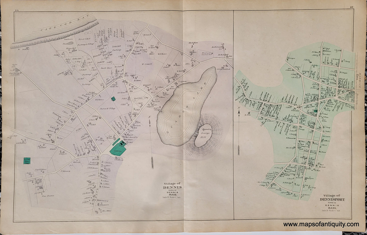 Antique-Hand-Colored-Map-Village-of-Dennis-Dennisport-pp.-48-49-US-Massachusetts-Cape-Cod-and-Islands-1880-Walker-Maps-Of-Antiquity