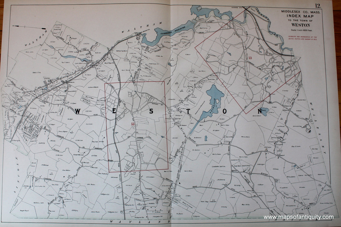 Antique-Hand-Colored-Map-Index-Map-to-the-town-of-Weston-US-Massachusetts-Weston-1908-Walker-Maps-Of-Antiquity