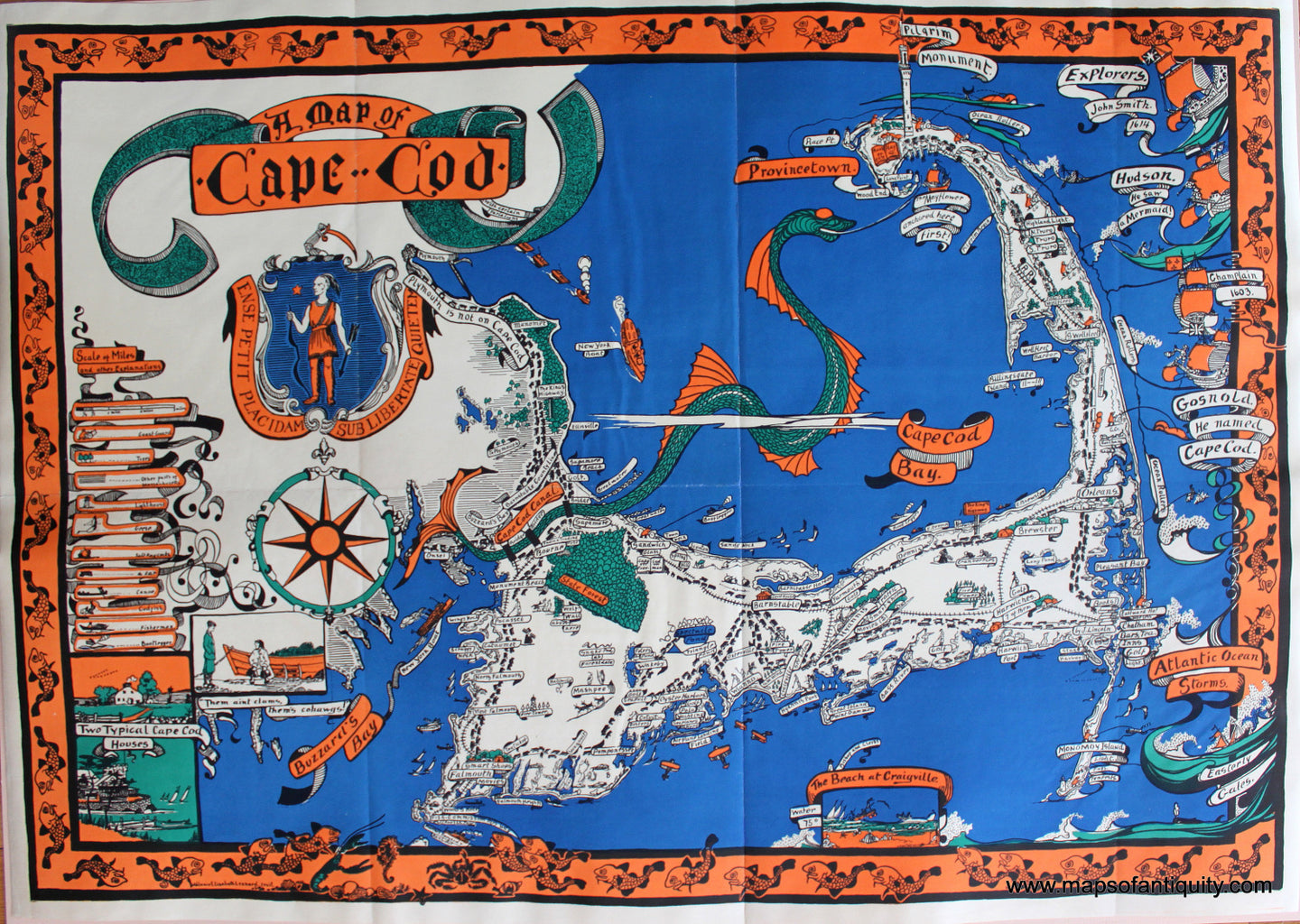 Antique-Printed-Color-Map-A-Map-of-Cape-Cod-******-United-States-Massachusetts-1926-Melanie-Elisabeth-Leonard-Maps-Of-Antiquity