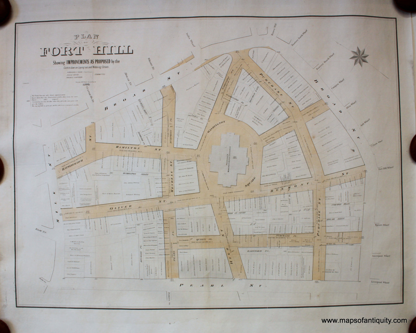 Antique-Hand-Colored-Map-Boston---Plan-of-Fort-Hill---Showing-Improvements-as-Proposed-by-the-Committee-Laying-out-and-Widening-Streets--**********-United-States-Massachusetts-1866-Meisel-Maps-Of-Antiquity