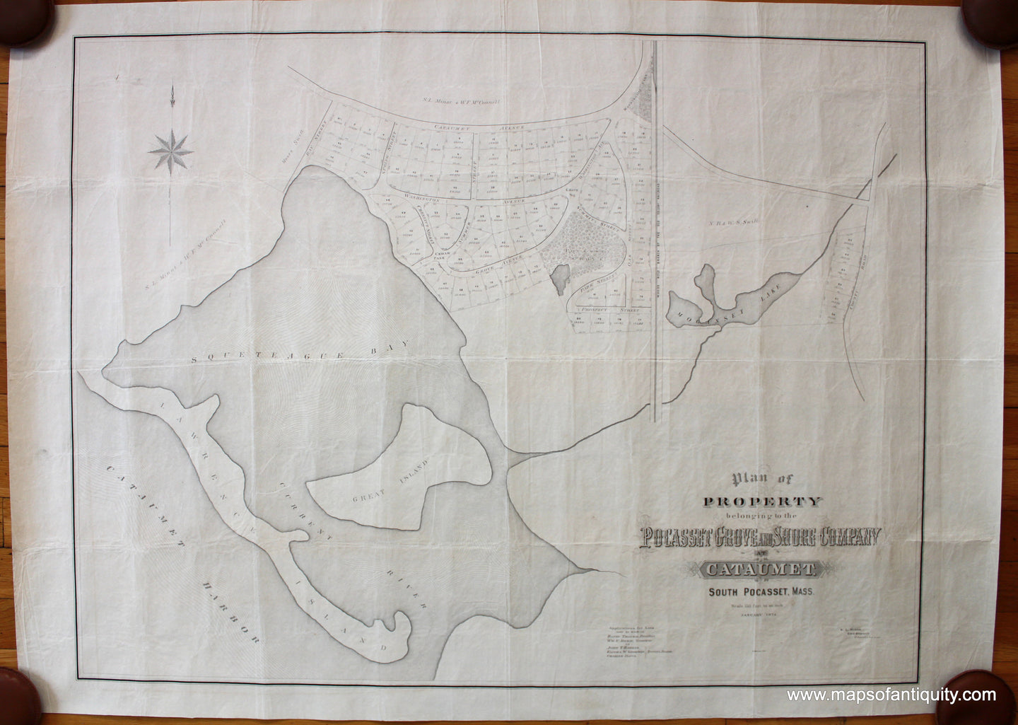 Antique-Black-and-White-Map-Cataumet-Mass.---Plan-of-Property-belonging-to-the-Pocasset-Grove-and-Shore-Company-at-Cataumet-South-Pocasset-Mass.-United-States-Massachusetts-1874-Meisel-Maps-Of-Antiquity