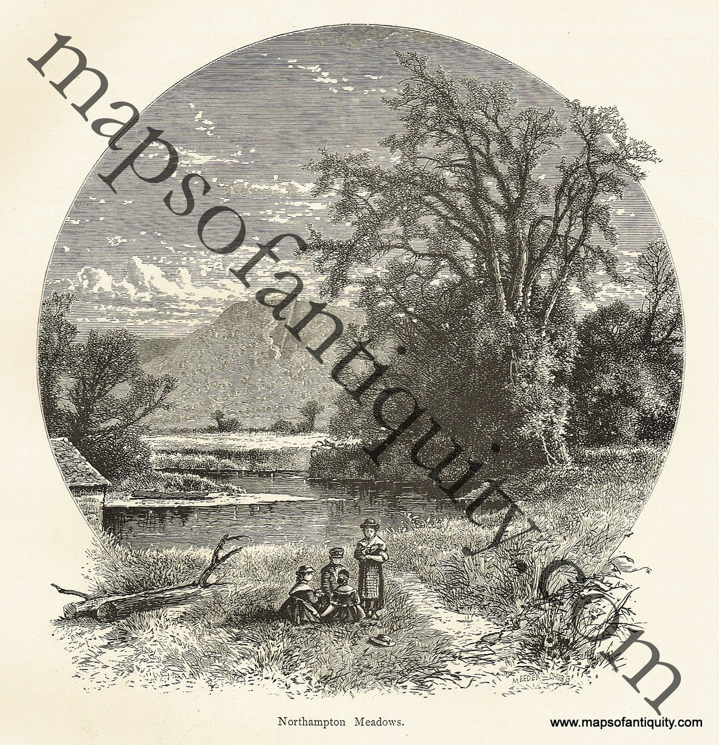 Antique-Black-and-White-Engraved-Illustration-Northampton-Meadows-Massachusetts-Hampshire-County-1872-Picturesque-America-Maps-Of-Antiquity