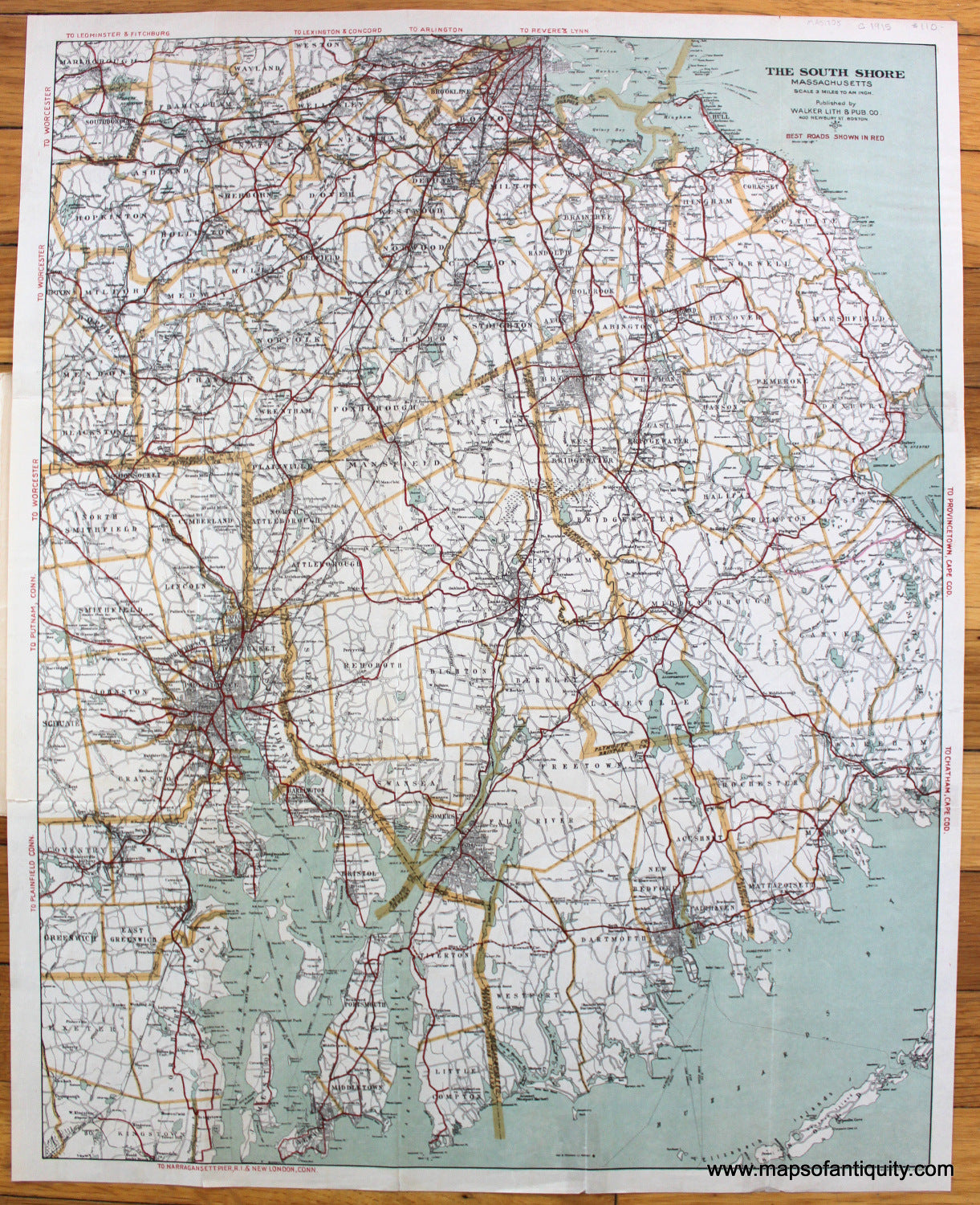 Antique-Printed-Color-Road-Map-Road-Map-of-the-South-Shore-and-part-of-Norfolk-County-Massachusetts-United-States-Massachusetts-c.-1915-Walker-Maps-Of-Antiquity