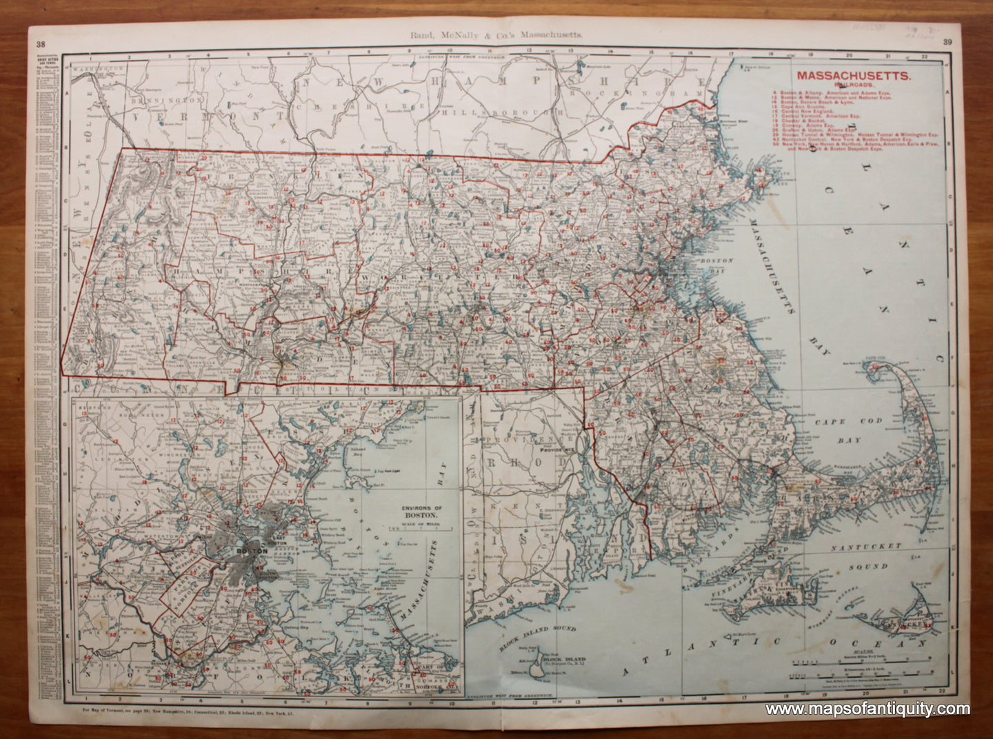 Antique-Printed-Color-Map-Massachusetts-Massachusetts-Railroad-Maps--1890-Rand-McNally-Maps-Of-Antiquity