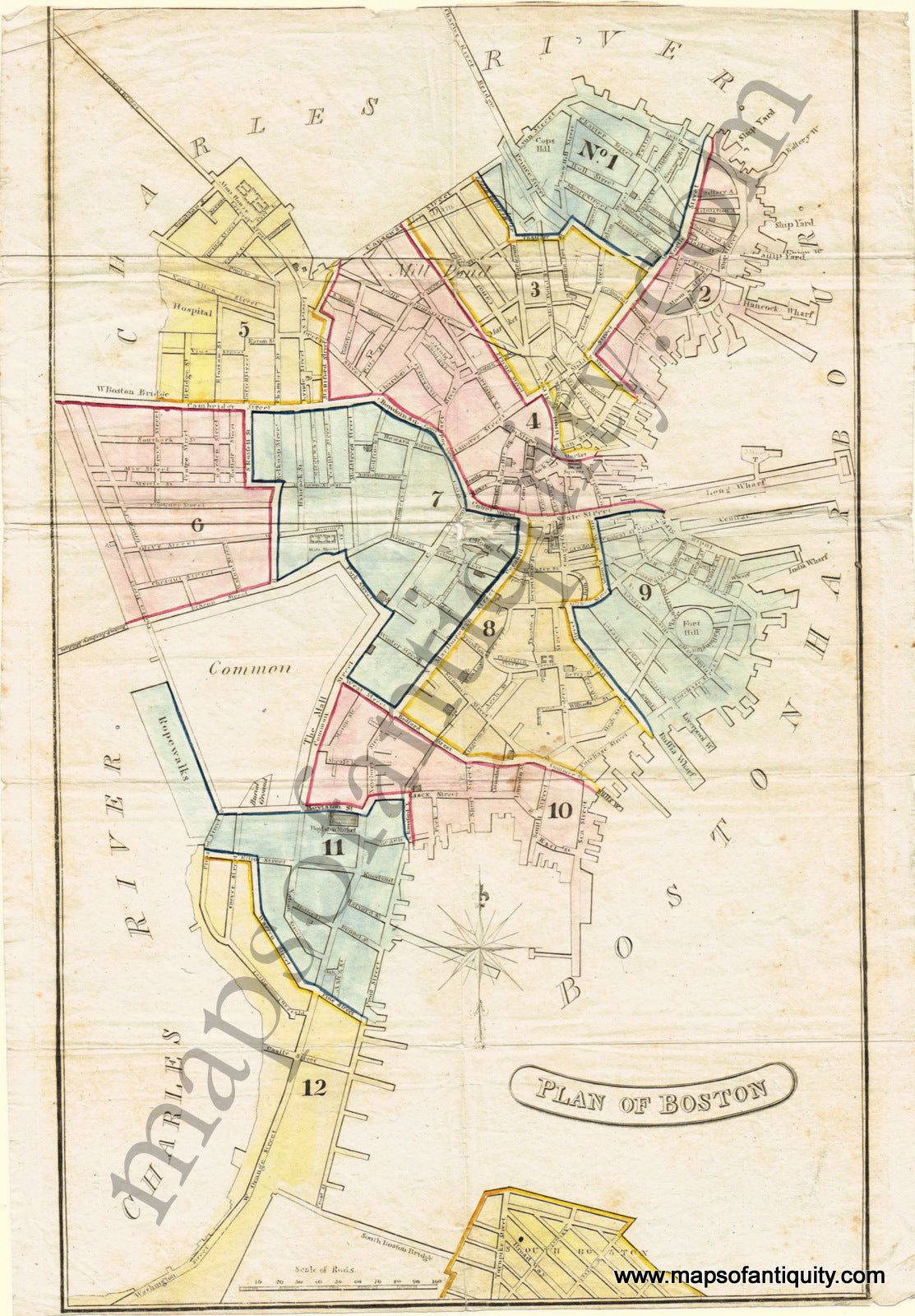 Antique-Hand-Colored-Map-Plan-of-Boston-Antique-Towns-&-City-Maps-and-Views-Massachusetts-Suffolk-County-Boston-c.-1820-Unknown-Maps-Of-Antiquity