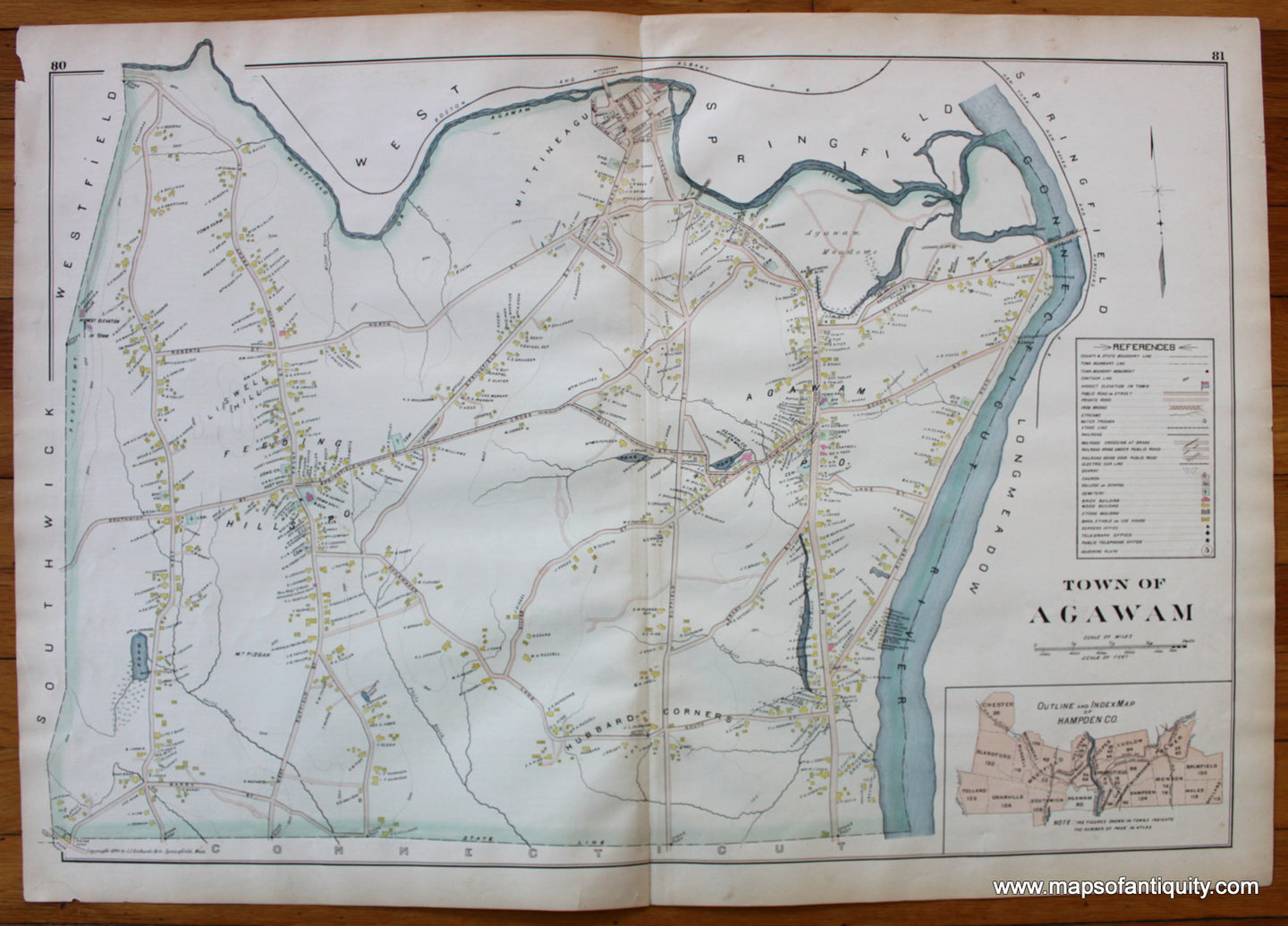 Antique-Map-Town-of-Agawam-Towns-Cities-New-Topographical-Atlas-of-the-County-of-Hampden-Massachusetts-MA-Mass-Richards-1894-1890s-1800s-Late-19th-Century-Maps-of-Antiquity