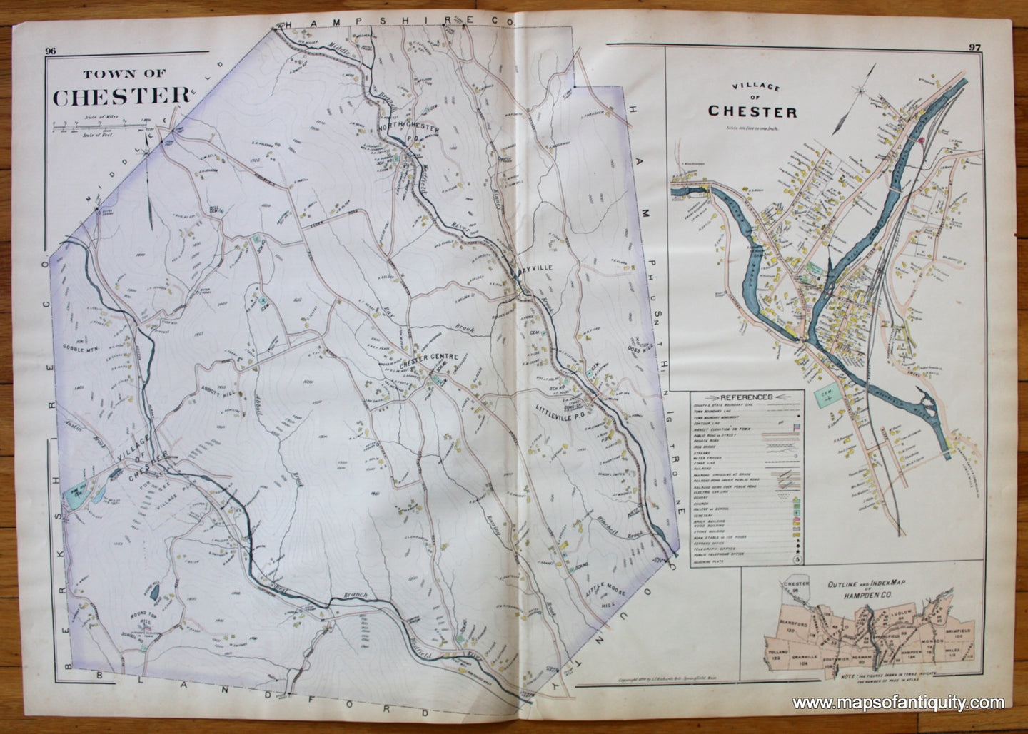 Antique-Map-Town-of-Chester-Village-of-Chester-Towns-Cities-New-Topographical-Atlas-of-the-County-of-Hampden-Massachusetts-MA-Mass-Richards-1894-1890s-1800s-Late-19th-Century-Maps-of-Antiquity