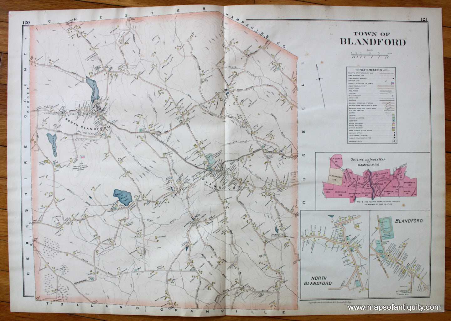 Antique-Map-Town-of-Blandford-Towns-Cities-New-Topographical-Atlas-of-the-County-of-Hampden-Massachusetts-MA-Mass-Richards-1894-1890s-1800s-Late-19th-Century-Maps-of-Antiquity