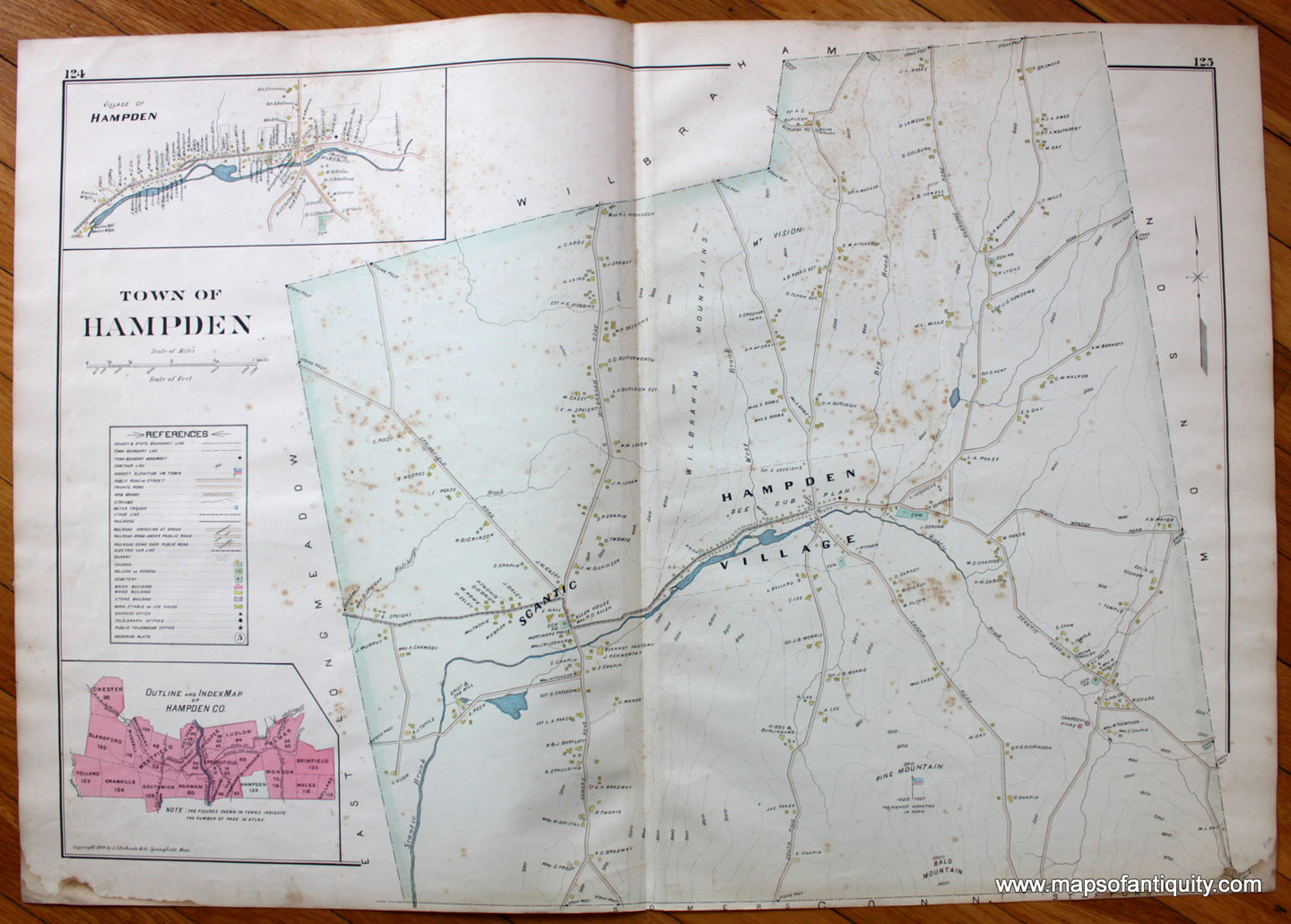 Antique-Map-Town-of-Hampden-Towns-Cities-New-Topographical-Atlas-of-the-County-of-Hampden-Massachusetts-MA-Mass-Richards-1894-1890s-1800s-Late-19th-Century-Maps-of-Antiquity