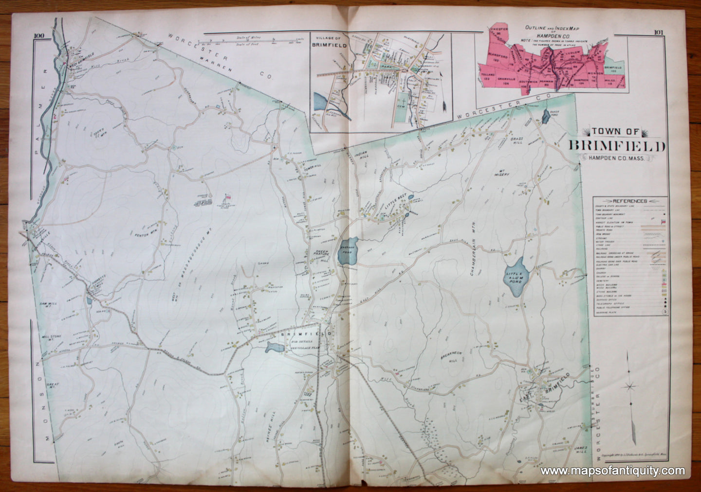 Antique-Map-Town-of-Brimfield-Towns-Cities-New-Topographical-Atlas-of-the-County-of-Hampden-Massachusetts-MA-Mass-Richards-1894-1890s-1800s-Late-19th-Century-Maps-of-Antiquity