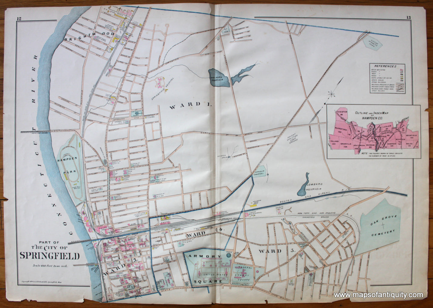 Antique-Map-Part-of-the-City-of-Springfield-Wards-1-3-4-5-Ward-Towns-Cities-New-Topographical-Atlas-of-the-County-of-Hampden-Massachusetts-MA-Mass-Richards-1894-1890s-1800s-Late-19th-Century-Maps-of-Antiquity