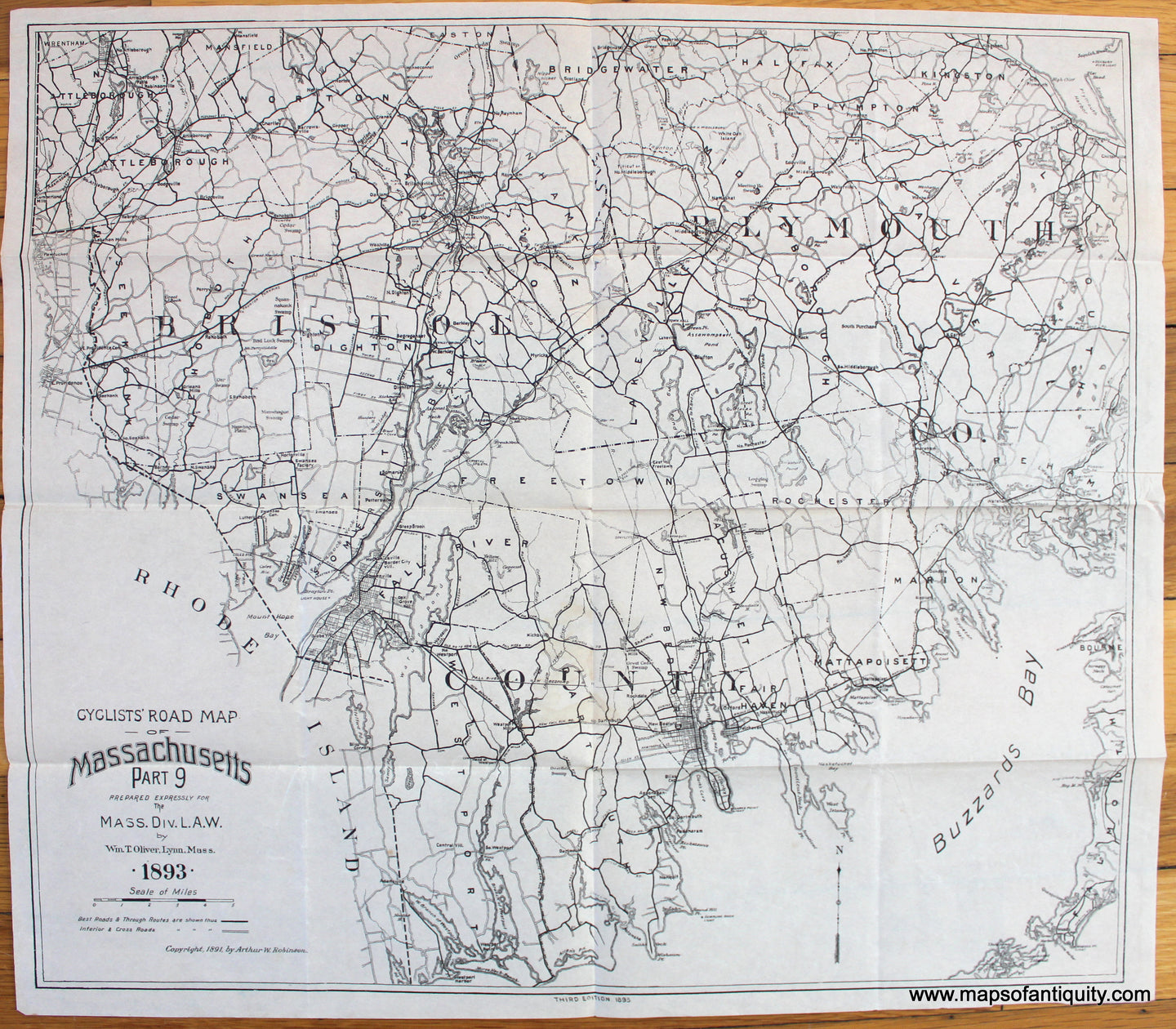 Antique-Map-Cyclists-Road-Map-of-Massachusetts-Part-9-Bristol-Plymouth-counties-1893-Robinson-Bicycle-Bicyclist-1890s-1800s-19th-century-Maps-of-Antiquity