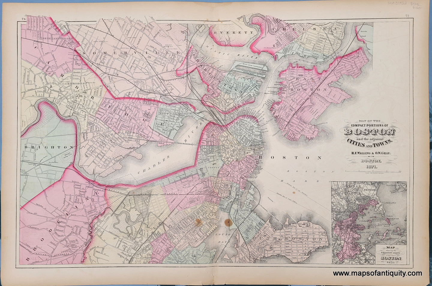 Antique-Map-Boston-and-the-adjacent-Somerville-Charlestown-Cambridge-Brookline-South-Boston-East-Boston--Back-Bay-FensCities-and-Towns-Massachusetts-Maps-of-Antiquity-Massachusetts-Maps-of-Antiquity
