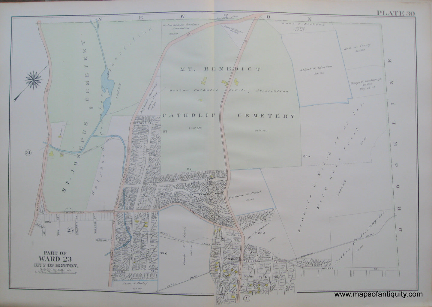 Antique-Map-Suffolk-county-Massachusetts-Part-of-Ward-23-City-of-Boston-West-Roxbury-Plate-30-1914-Bromley-1900s-Maps-of-Antiquity