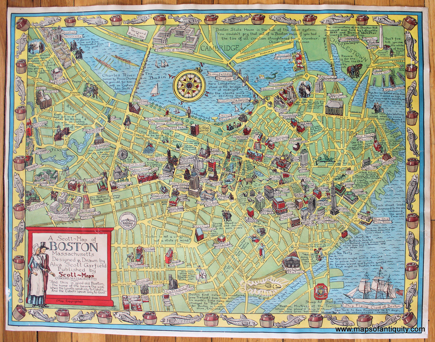 Antique-Pictorial-Map-Scott-Map-Boston-Massachusetts-Alva-Scott-Garfield-1960-1960s-1900s-Maps-of-Antiquity