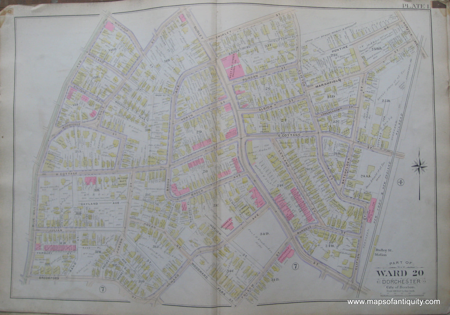 Antique-Map-Plate-1-Part-of-Ward-20-Dorchester-City-of-Boston-Bromley-1894-Maps-Of-Antiquity