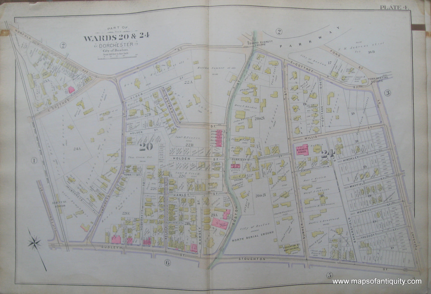 Antique-Map-Plate-4-Part-of-Wards-20-&-24-Dorchester-City-of-Boston-Bromley-1894-Maps-Of-Antiquity