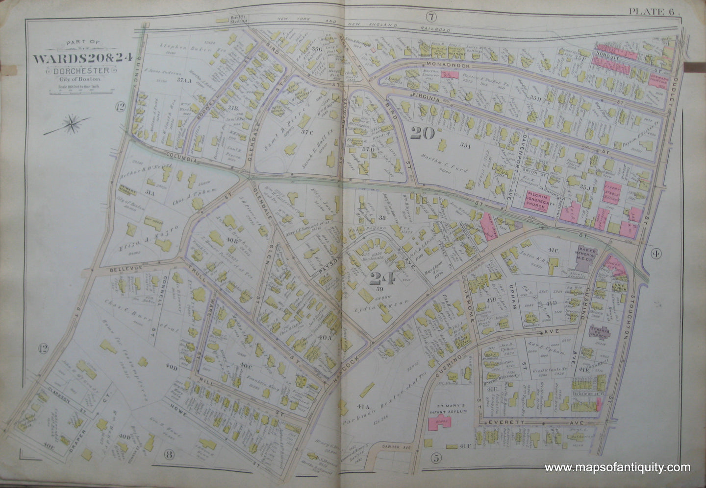 Antique-Map-Plate-6-Part-of-Wards-20-&-24-Dorchester-City-of-Boston-Bromley-1894-Maps-Of-Antiquity