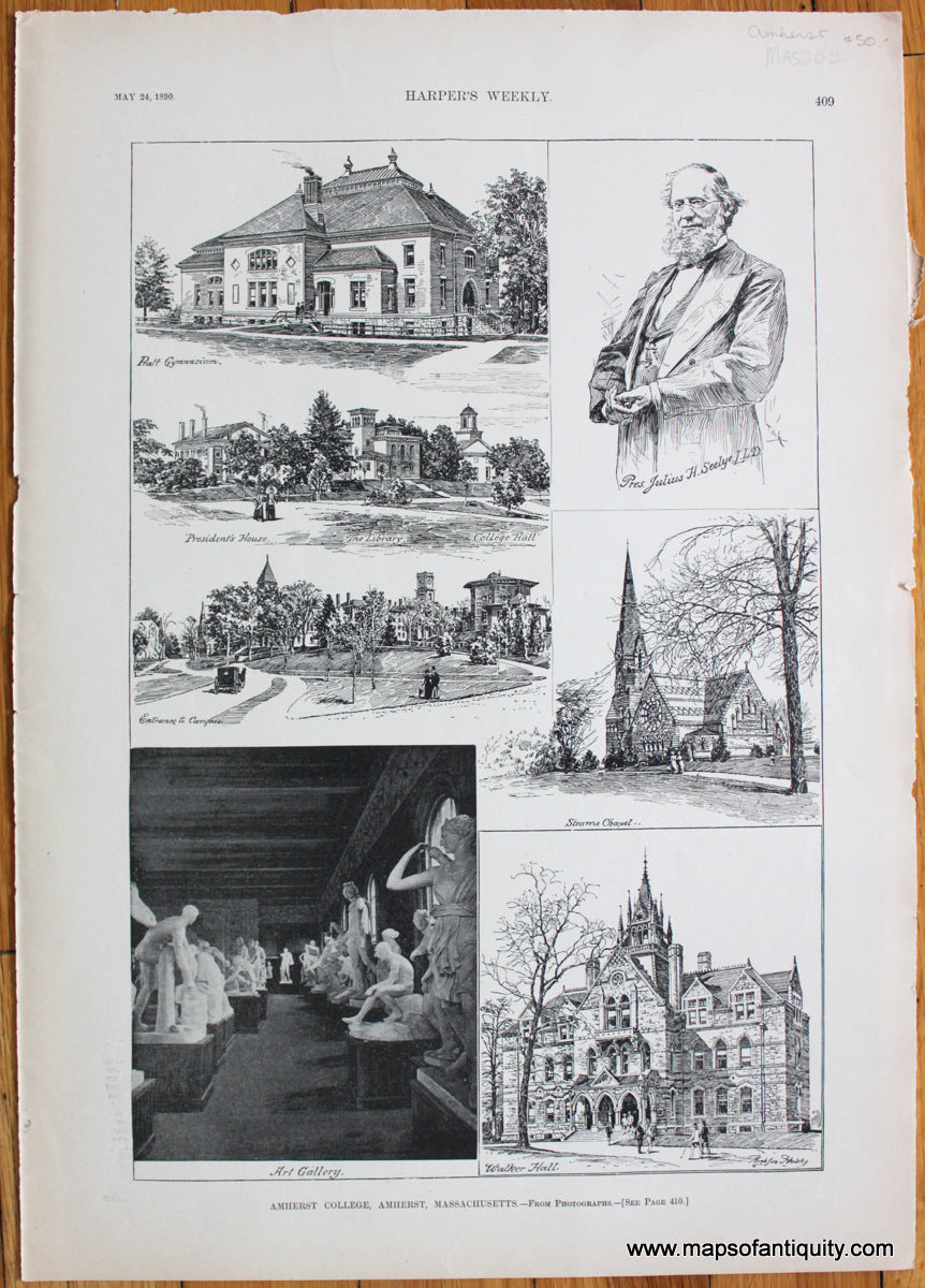 Antique-Print-Amherst-College-Amherst-Massachusetts-Harper's-Weekly-1890-1890s-1800s-Massachusetts-Maps-of-Antiquity