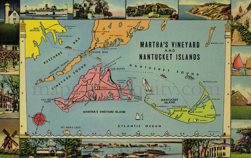 Antique-Martha's-Vineyard-and-Nantucket-Islands-Map-Oversized-Large-Postcard-Post-Card-Cards-Cape-Cod-Massachusetts-1940s-1900s-Early-Mid-20th-Century-Maps-of-Antiquity
