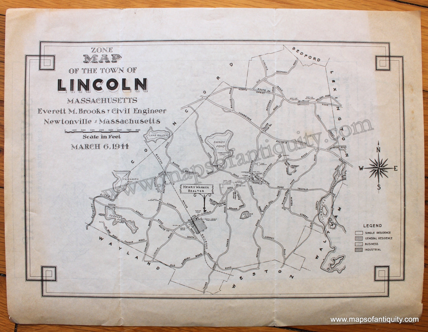 Antique-Uncolored-Map-Zone-Map-of-the-Town-of-Lincoln-Massachusetts-1944-Everett-M.-Brooks-Henry-Warner-1940s-1900s-20th-century-Maps-of-Antiquity