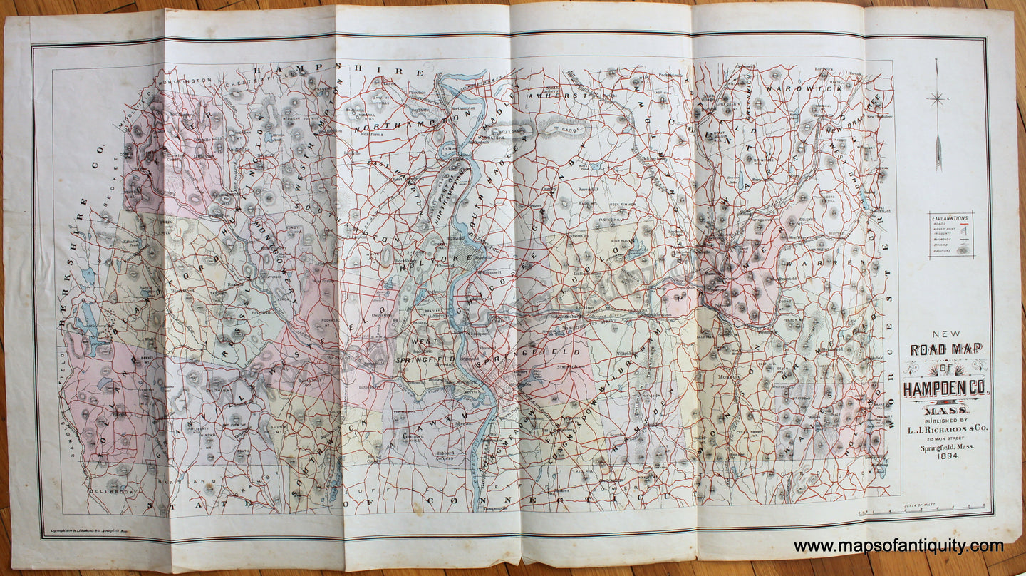 Antique-Printed-Color-Map-New-Road-Map-of-Hampden-Co.-Mass.-1894-Richards-Hampden-County-Hampden-County-General-1800s-19th-century-Maps-of-Antiquity