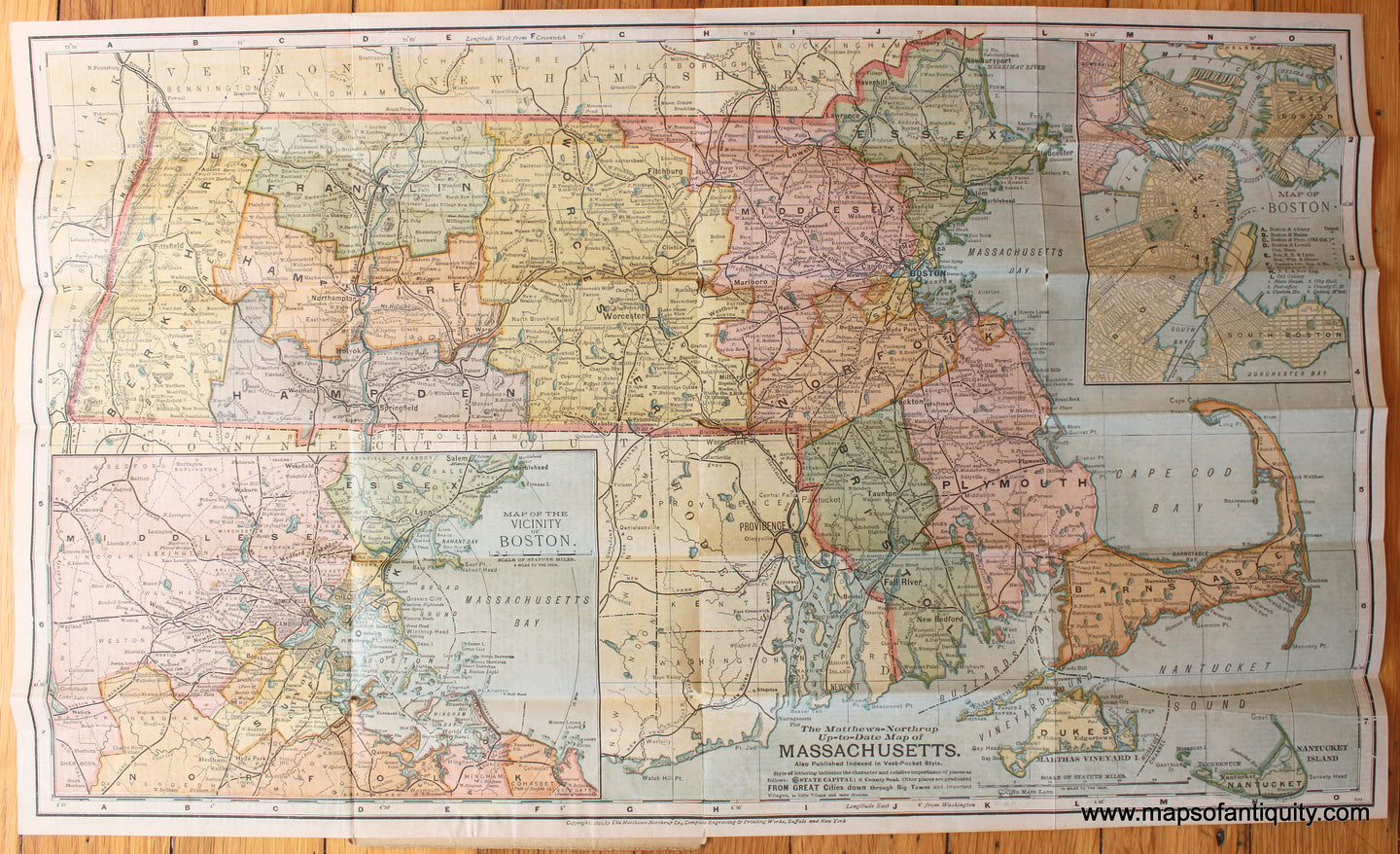 Antique-Printed-Color-Folding-Map-The-Matthews-Northrup-Up-to-Date-Map-of-Massachusetts-Vest-Pocket-Edition-1891-Matthews-Northrup-Company-Massachusetts-1800s-19th-century-Maps-of-Antiquity