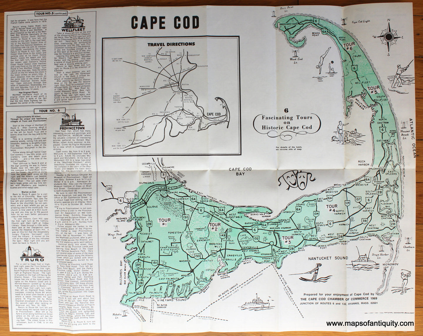 Antique-Printed-Color-Pictorial-Map-6-Fascinating-Tours-on-Cape-Cod-1969-Cape-Cod-Chamber-of-Commerce-Cape-Cod-1800s-19th-century-Maps-of-Antiquity