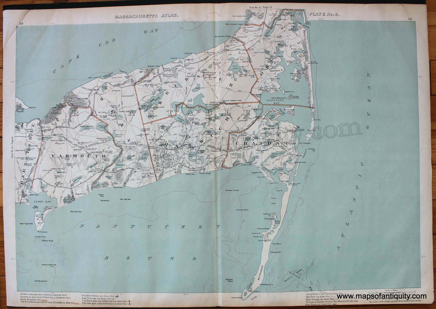 Antique-Printed-Color-Map-Yarmouth-Dennis-Brewster-Orleans-Harwich-Chatham-(MA)--1904-G.-H.-Walker-Cape-Cod-and-Islands-Cape-and-Islands-General-1900s-20th-century-Maps-of-Antiquity