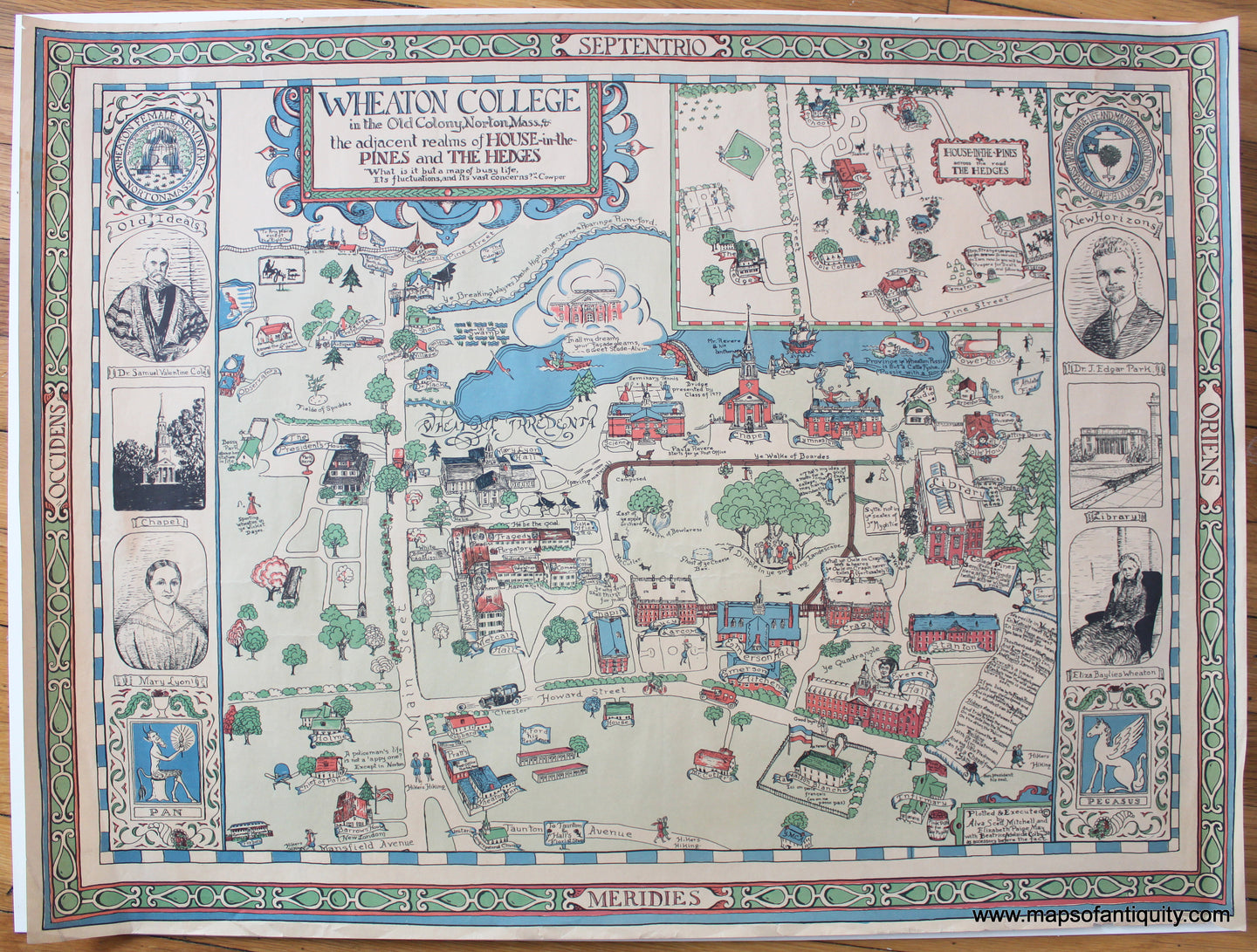 Antique-Printed-Color-Pictorial-Map-Wheaton-College-in-the-Old-Colony-Norton-Mass.-&-the-adjacent-realms-of-House-in-the-Pines-and-The-Hedges-1929-Alva-Scott-Mitchell-and-Elizabeth-Paige-May---1900s-20th-century-Maps-of-Antiquity