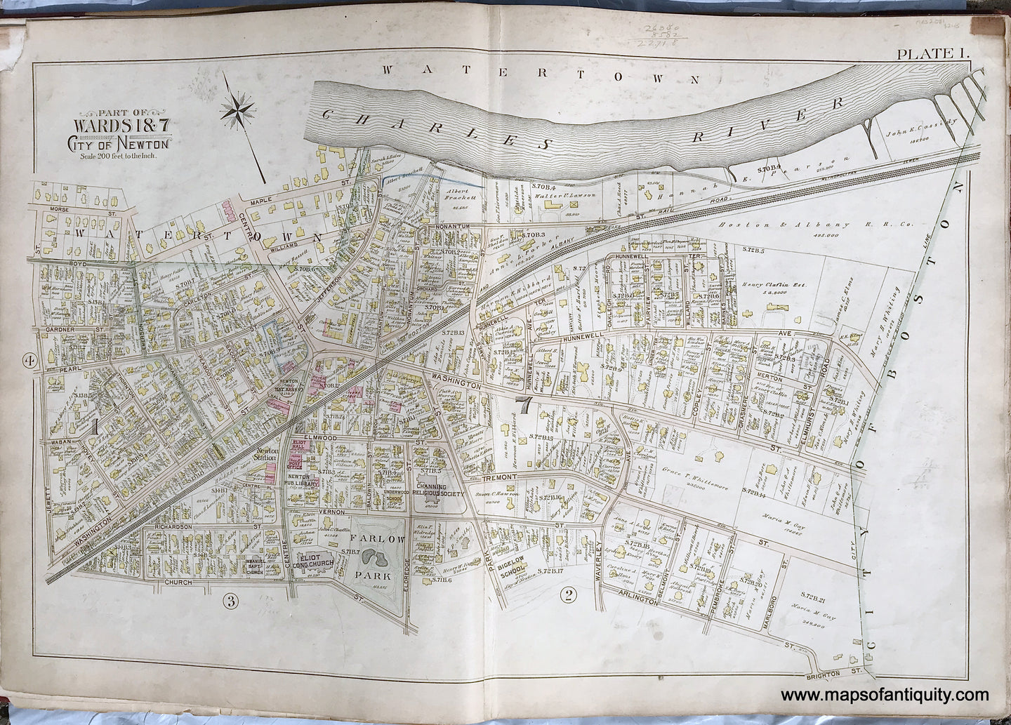 Antique-Printed-Color-Map-Part-of-Wards-1-&-7-City-of-Newton-Massachusetts-plate-1-1895-Bromley-Massachusetts-1800s-19th-century-Maps-of-Antiquity