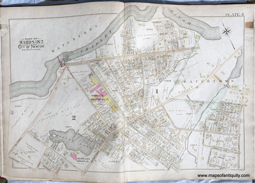 Antique-Printed-Color-Map-Part-of-Wards-1-&-2-City-of-Newton-Massachusetts-plate-4-1895-Bromley-Massachusetts-1800s-19th-century-Maps-of-Antiquity