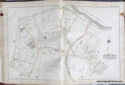 Antique-Printed-Color-Map-Part-of-Wards-2-&-3-City-of-Newton-Massachusetts-plate-5-1895-Bromley-Massachusetts-1800s-19th-century-Maps-of-Antiquity