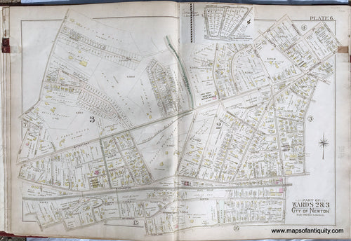 Antique-Printed-Color-Map-Part-of-Wards-2-&-3-City-of-Newton-Massachusetts-plate-6-1895-Bromley-Massachusetts-1800s-19th-century-Maps-of-Antiquity