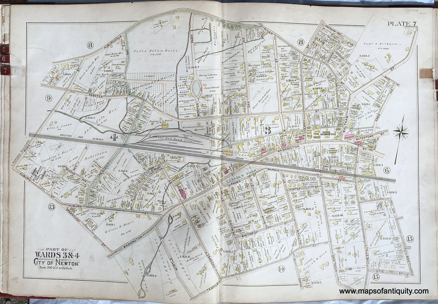 Antique-Printed-Color-Map-Part-of-Wards-3-&-4-City-of-Newton-Massachusetts-plate-7-1895-Bromley-Massachusetts-1800s-19th-century-Maps-of-Antiquity